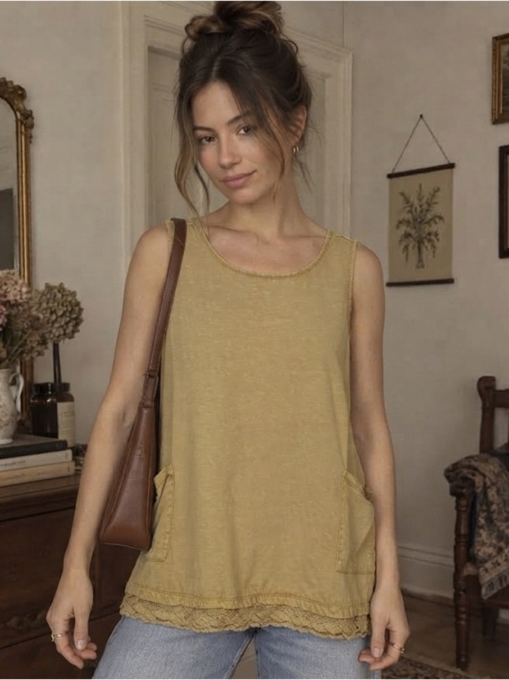 April Cornell Mustard Yellow Lace Loose Tank Top Size Small Cottagecore